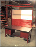 Electric Lift Table Workbench with Overhead Boom, Bin Panel, White Board, Drawers and Tack Board